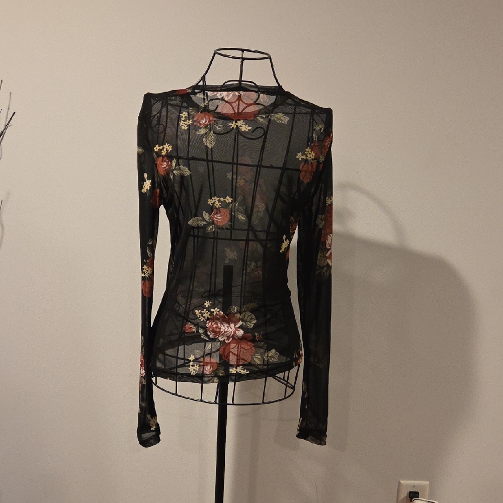 SHEIN Black Floral Mesh Blouse